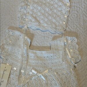 White Crochet Christening Dress with Bonnet. Handmade